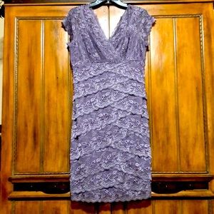 Beaded, lilac evening dress, delicately layered with lace. Size 12.